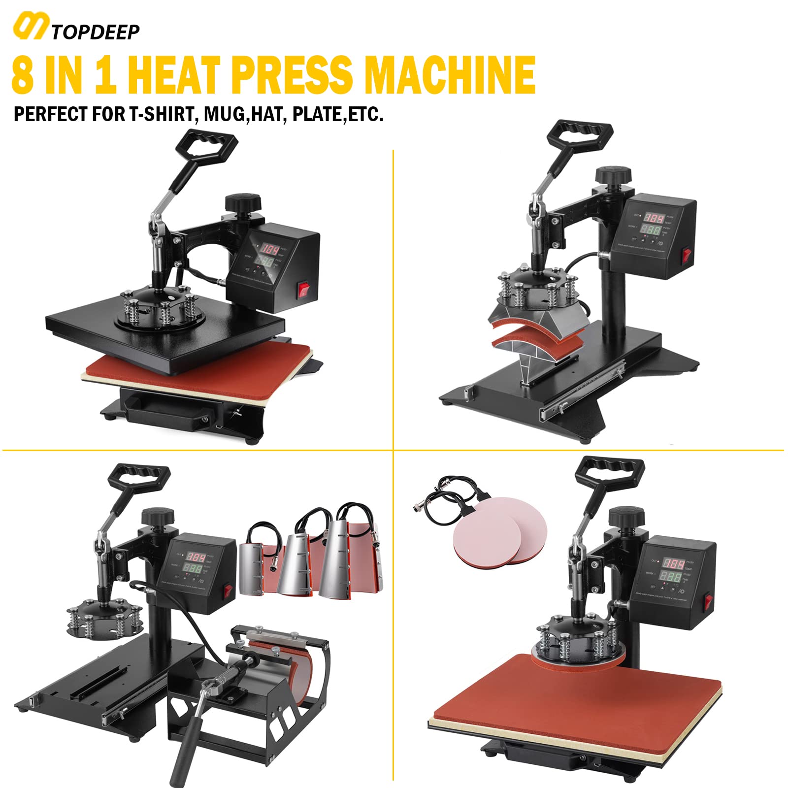 TOPDEEP 8 in 1 Heat Press Machine, Swing Away T Shirt Pressing Machine Multifunction, Heat Press 12x10 inch Transfer Machine Sublimation Combo for - WoodArtSupply