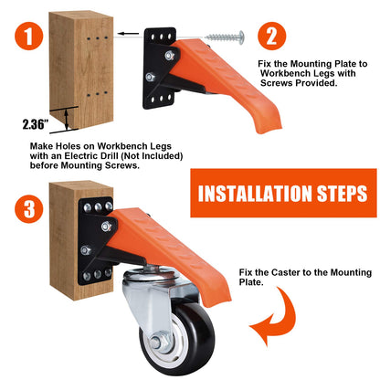 Ronlap Workbench Casters Kit 880 Lbs Capacity, 3" Extra Heavy Duty Retractable Casters 4 Pack, Side Mounted Adjustable Table Stepdown Casters - WoodArtSupply