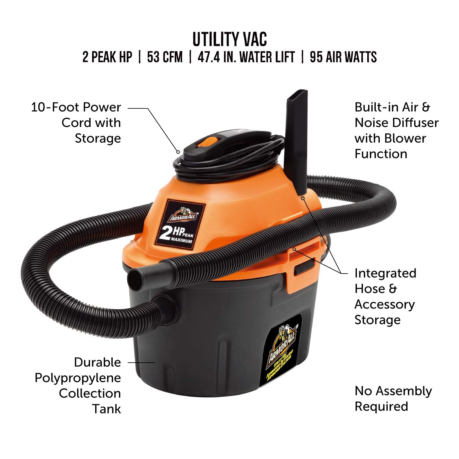 Armor All, AA255 , 2.5 Gallon 2 Peak HP Wet/Dry Utility Shop Vacuum , Orange - WoodArtSupply