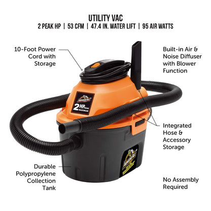 Armor All, AA255 , 2.5 Gallon 2 Peak HP Wet/Dry Utility Shop Vacuum , Orange - WoodArtSupply