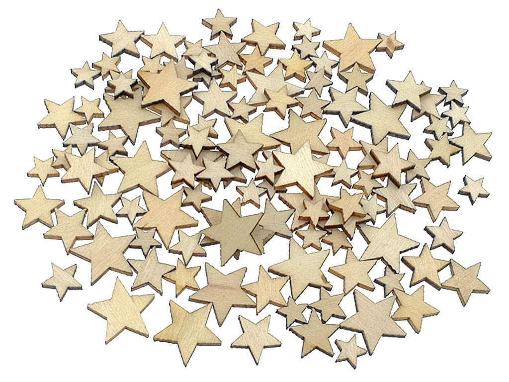 Kinteshun Natural Wood Unfinished Cutout Veneers Slices for Patchwork DIY Crafting Decoration(100pcs,Mixed Sizes,Pentagram Five-Pointed Star Shape)