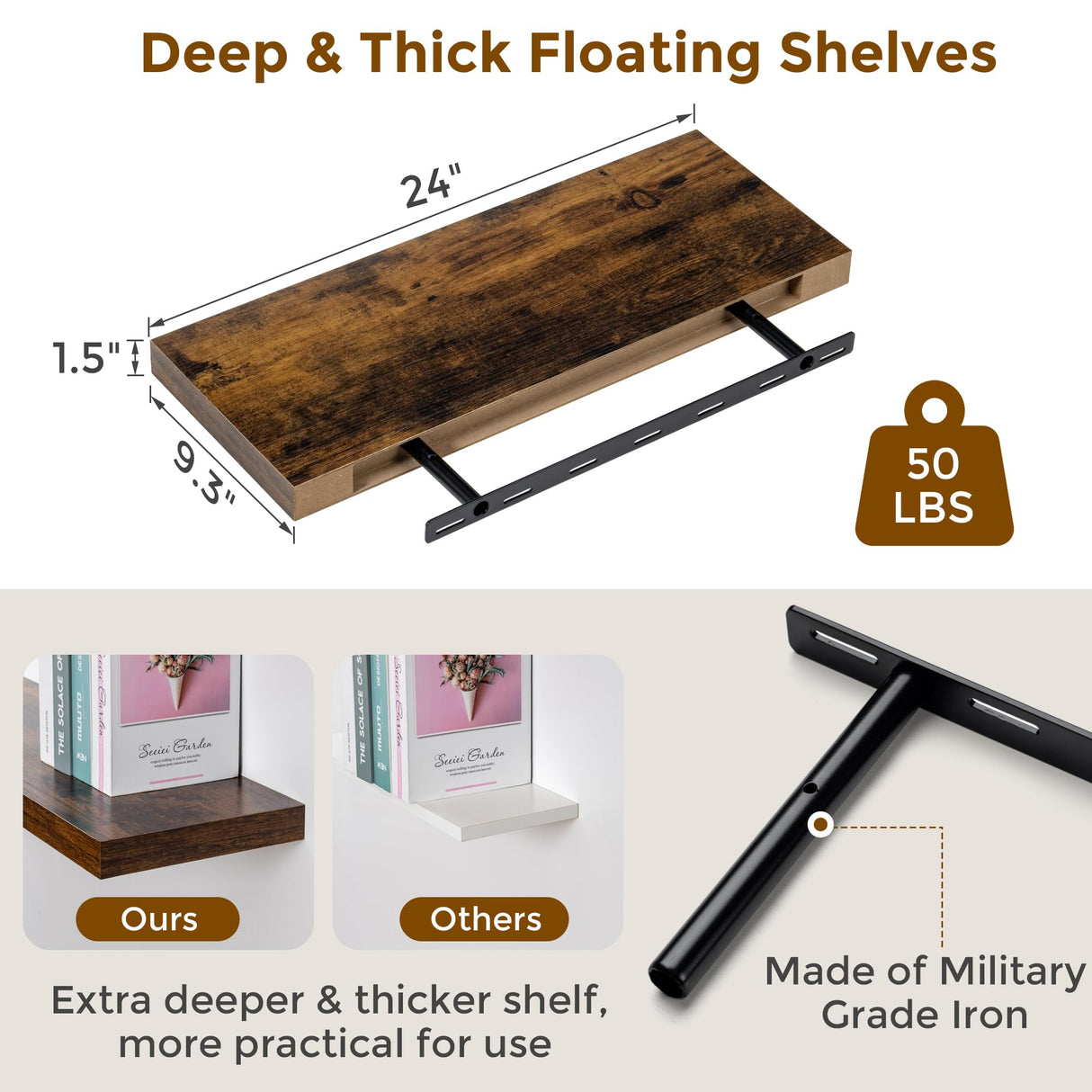 Floating Shelves for Wall, Large Floating Shelf 24" x 9", Rustic Brown Wooden Wall Shelves for Home Decor & Storage, Hanging Bathroom Shelves, Fun Memories