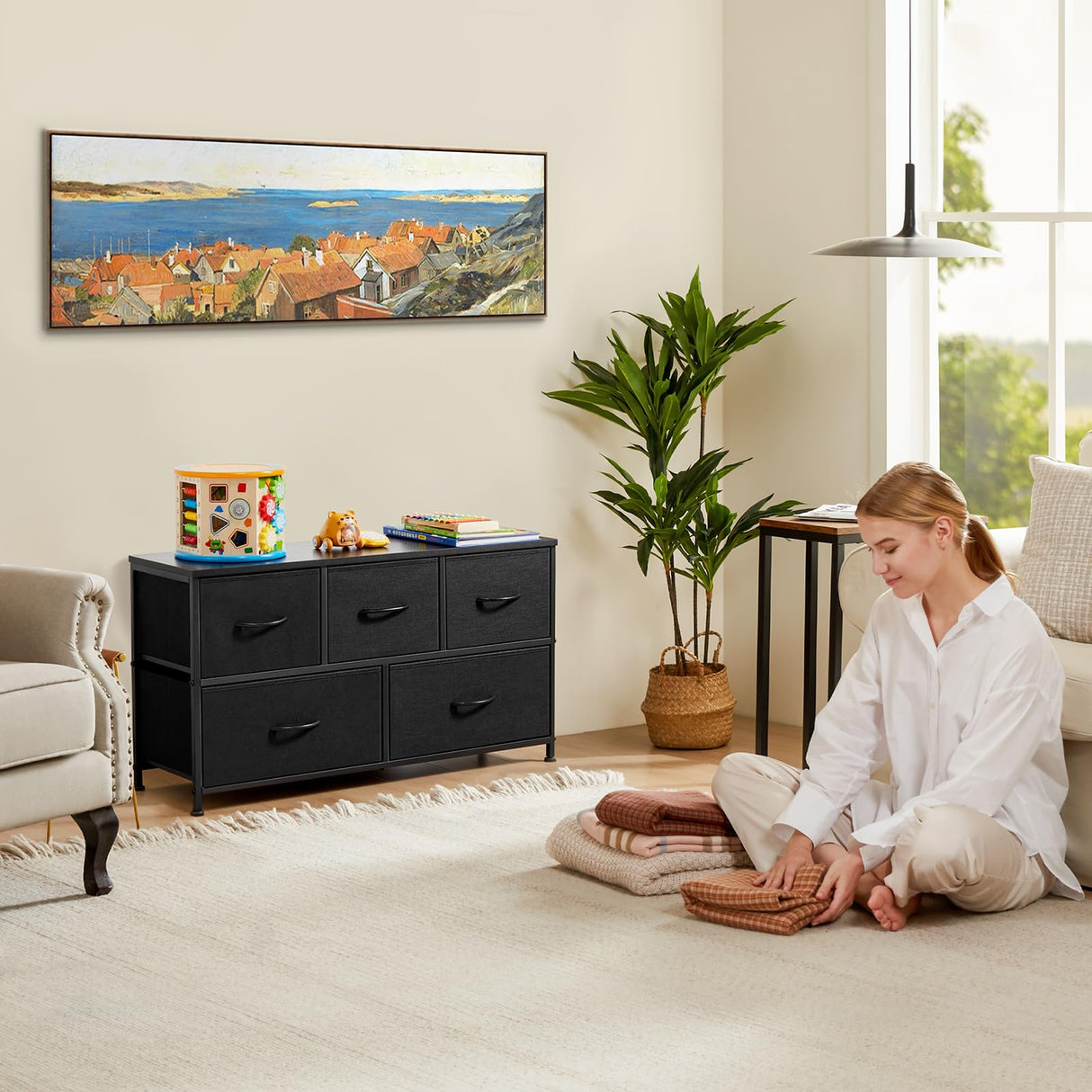 Sweetcrispy 5 Drawers Dresser for Bedroom, Kidsroom Furniture, Small Chest Tower, Storage Organizer Units for Clothing, Closet, Fabric Bins, Wood Sweetcrispy