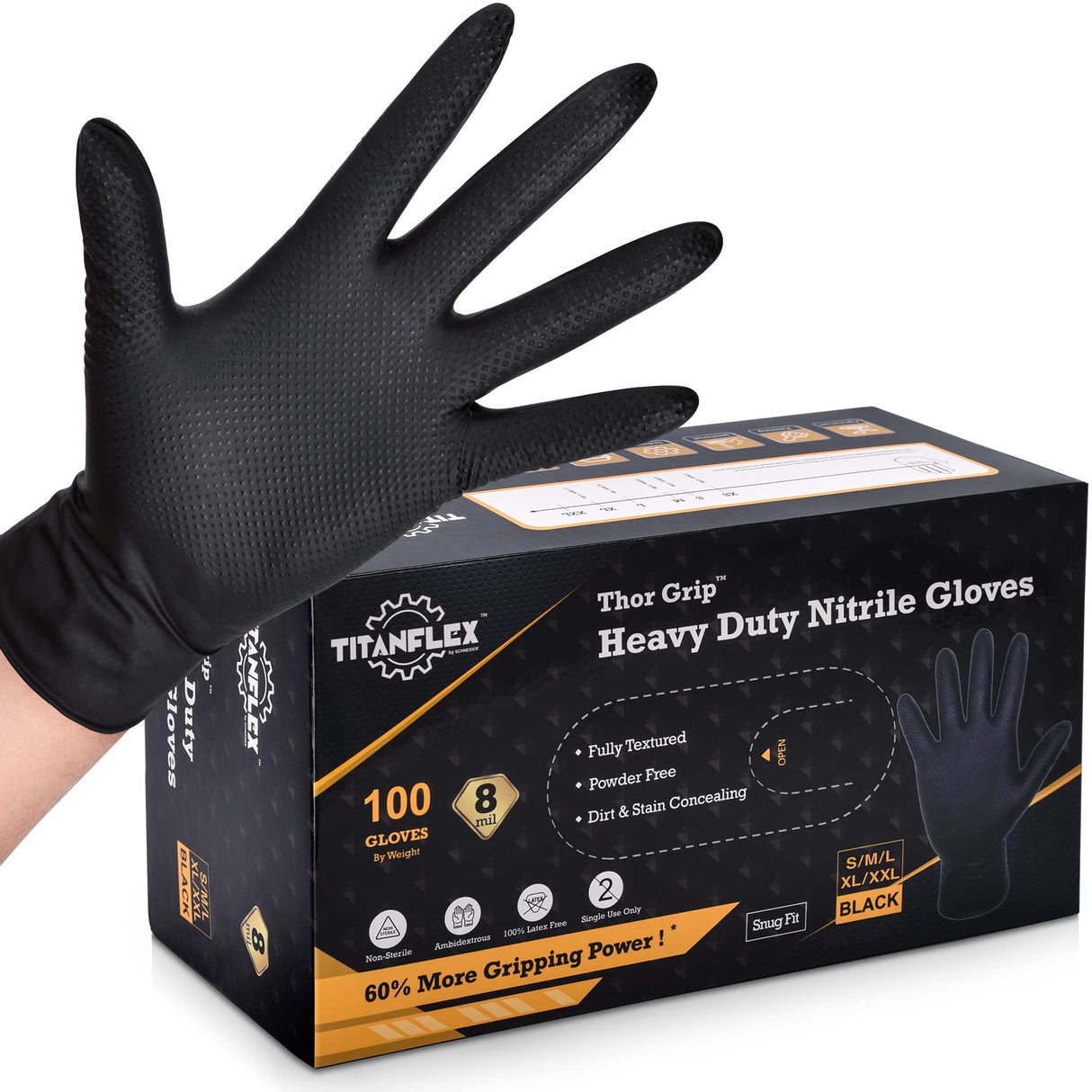 TITANflex Thor Grip Heavy Duty Black Industrial Nitrile Gloves, 8-mil, XL, Box of 100, Latex Free, Raised Diamond Texture, Powder Free, Food Safe, TITANflex