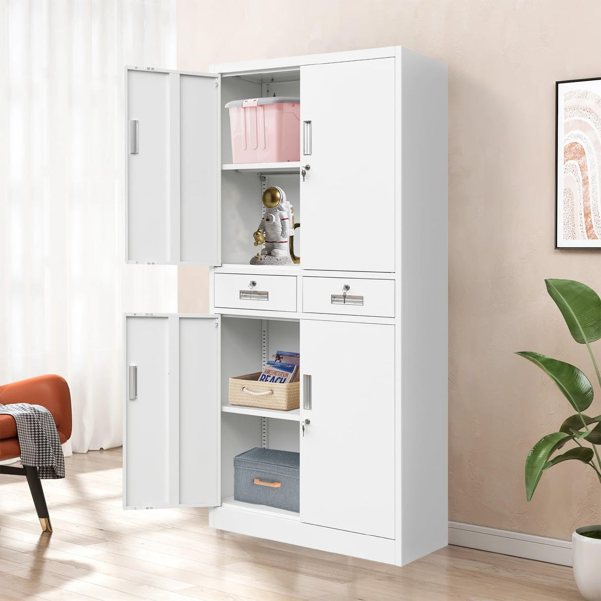 CJF Metal Storage Cabinet with Adjustable Shelves and Drawers, Locking Pantry Storage Cabinet for Office, Garage, Home, School, Utility (White) CJF
