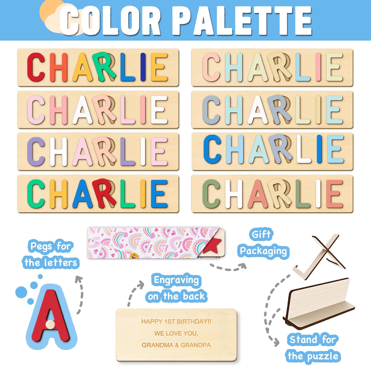 Name Puzzle for Kids Personalized, Easter Basket Stuffers for Toddler, with Gift Wrapping and Customizable Blessing on The Back PUREFLY