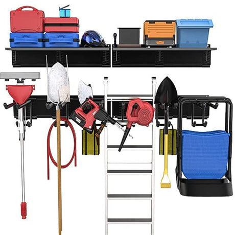TORACK Garage Storage Organizer Systems, Wall Mount Overhead Shelving, 48 inch Heavy Duty Steel Tool Racks, 6-Pack 12'' Double Hooks, 48 inch by 7 TORACK