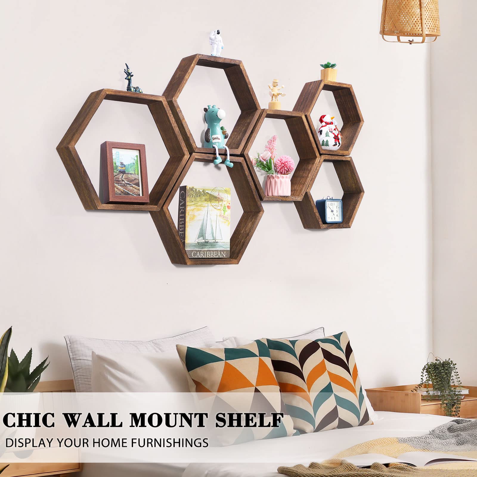 NOVIMANGO Hexagon Floating Shelves Set of 6 Honeycomb Shelves for Wall Wood Farmhouse Storage Home Decor Shelf Wall Mounted Wooden Hexagonal Shelves - WoodArtSupply