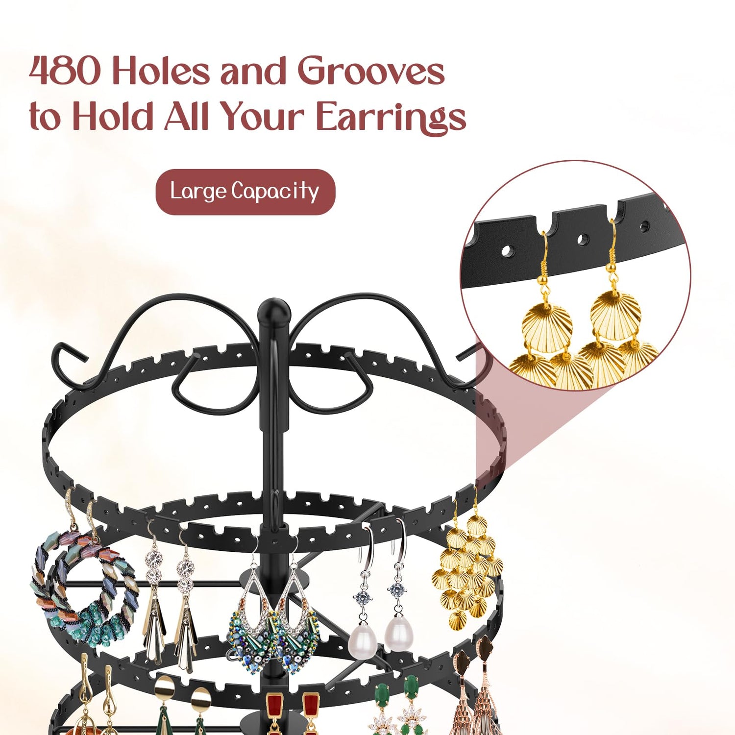 MODOWEY 6 Tier Rotating Earring Holder Organizer, Adjustable Metal Earring Display Stand Rack for Women Girl, 400 Holes and Grooves Earring Tower MODOWEY