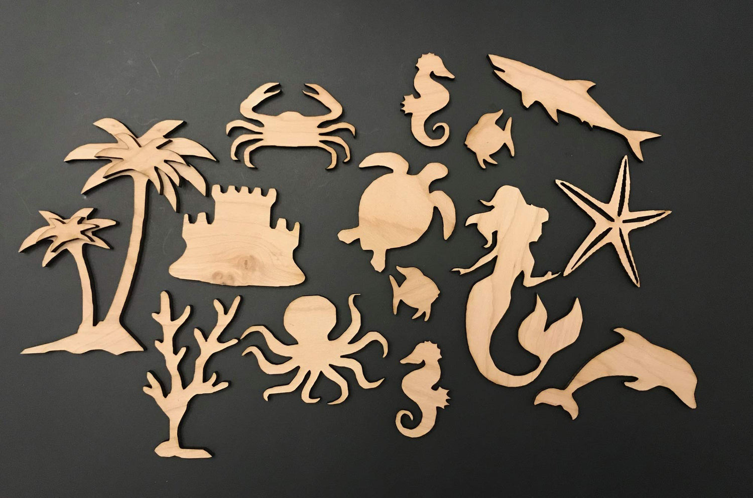 14-Pack Sea Life Beach Ocean Decor Wall Unfinished Wood Cutout Crafts Shapes Cut Outs Sea Turtle, Mermaid, Palm Tree, Texan Wood Crafts