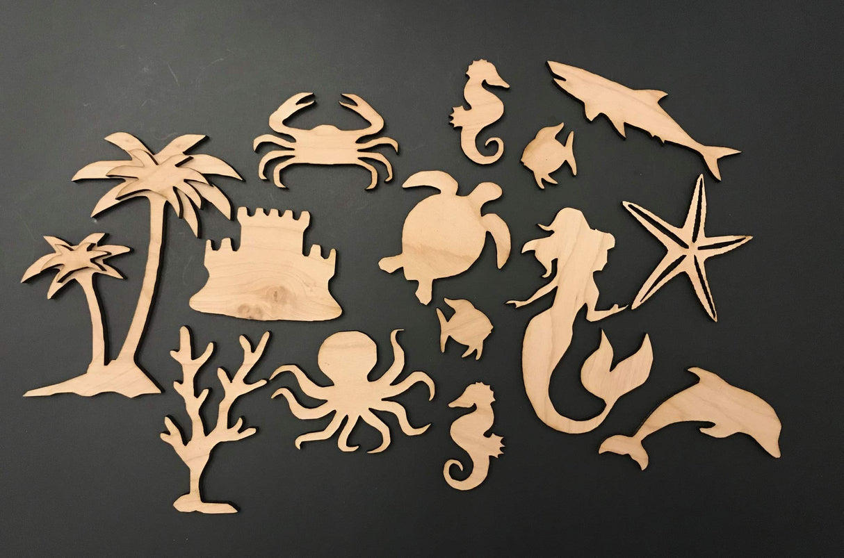 14-Pack Sea Life Beach Ocean Decor Wall Unfinished Wood Cutout Crafts Shapes Cut Outs Sea Turtle, Mermaid, Palm Tree, Texan Wood Crafts