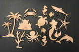 14-Pack Sea Life Beach Ocean Decor Wall Unfinished Wood Cutout Crafts Shapes Cut Outs Sea Turtle, Mermaid, Palm Tree, Texan Wood Crafts