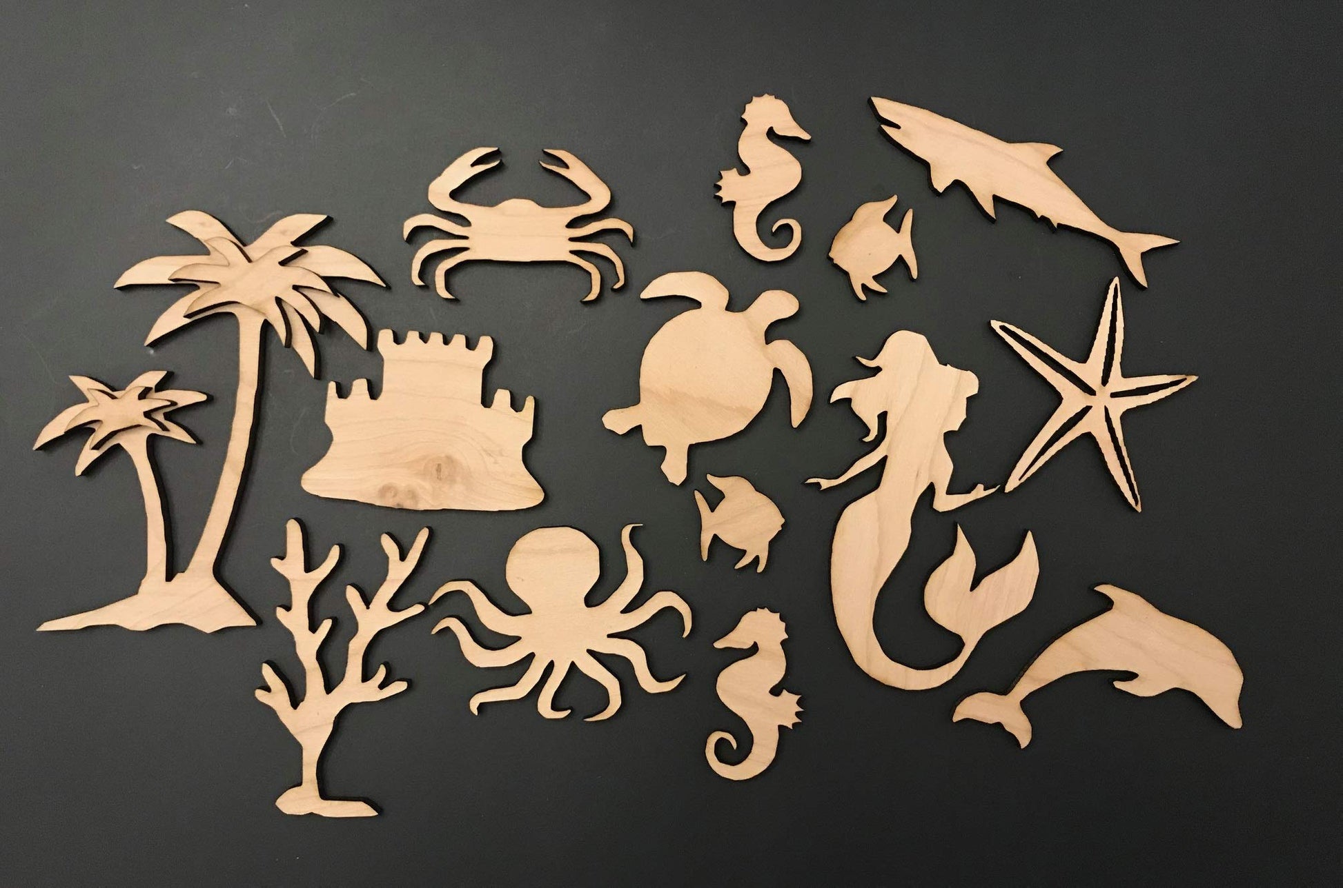 14-Pack Sea Life Beach Ocean Decor Wall Unfinished Wood Cutout Crafts Shapes Cut Outs Sea Turtle, Mermaid, Palm Tree, - WoodArtSupply