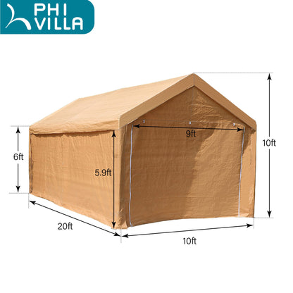 PHI VILLA 10x20 ft Heavy Duty Carport Car Canopy Garage Extra Storage Shelter Boat Party Tents Shed with Removable Sidewalls and Doors, Beige - WoodArtSupply