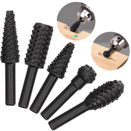 OIIKI 5 PCS Woodworking Twist Drill Bits, Wood Carving File Rasp Drill Bit, with 1/4" Shank Tool Rasp Chisel Shaped Rotating Embossed Grinding Head OIIKI