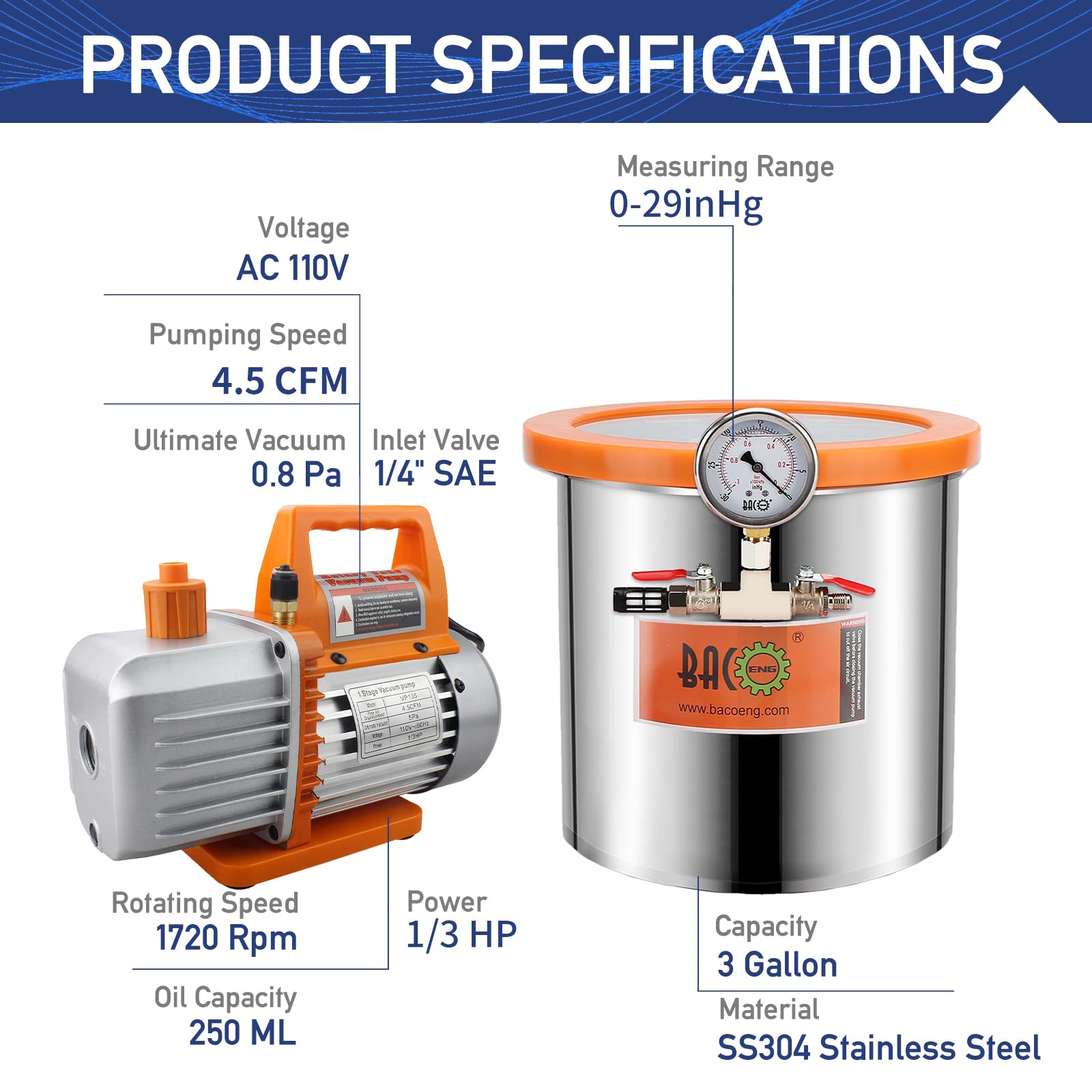 BACOENG 3 Gallon 4.5 CFM Tempered Glass Lid Vacuum Chamer with Pump, Degassing Chamber Kit for Stabilizing Wood, Degassing Silicones, Epoxies and - WoodArtSupply