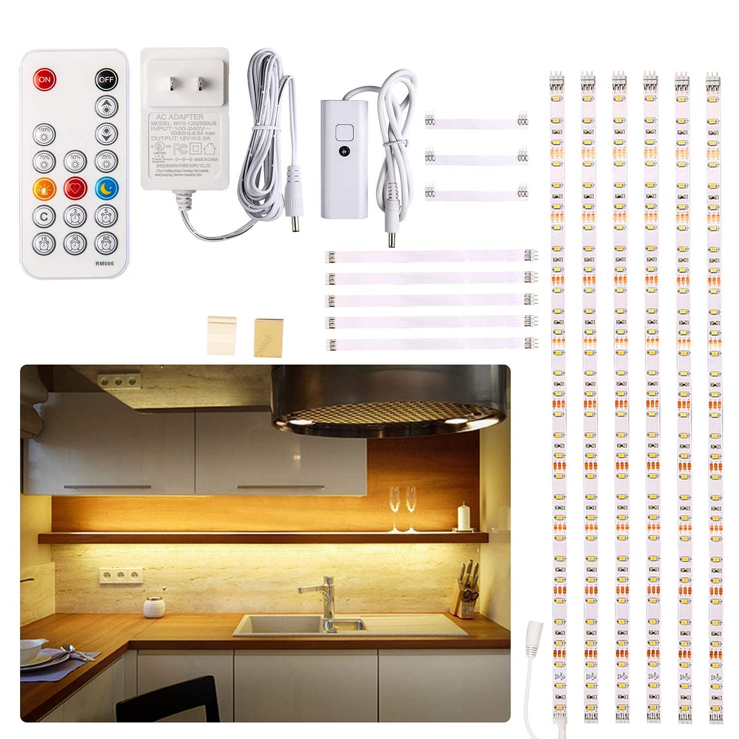 WOBANE Under Cabinet LED Lighting kit, 6 PCS LED Strip Lights with Remote Control Dimmer and Adapter, Dimmable for Kitchen Cabinet,Counter,Shelf,TV WOBANE