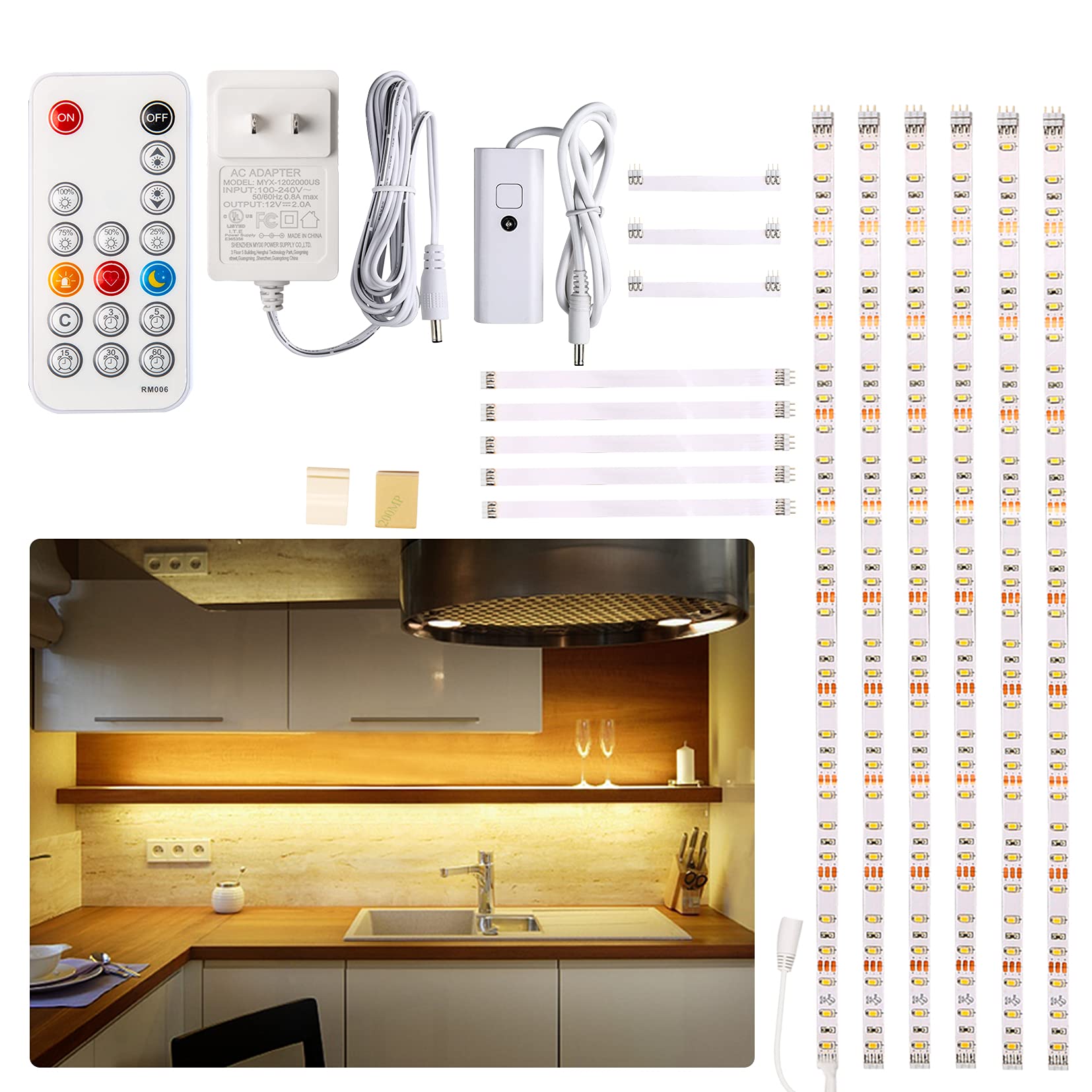 WOBANE Under Cabinet LED Lighting kit, 6 PCS LED Strip Lights with Remote Control Dimmer and Adapter, Dimmable for Kitchen Cabinet,Counter,Shelf,TV - WoodArtSupply