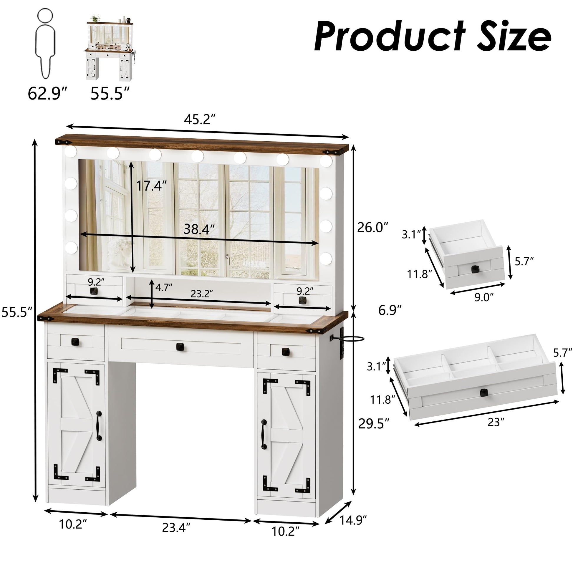 PAKASEPT Farmhouse Makeup Vanity Desk with Mirror and Lights,45'' Large Vanity Table with Glass Tabletop,Charging Station, Dressing Table with 5 - WoodArtSupply