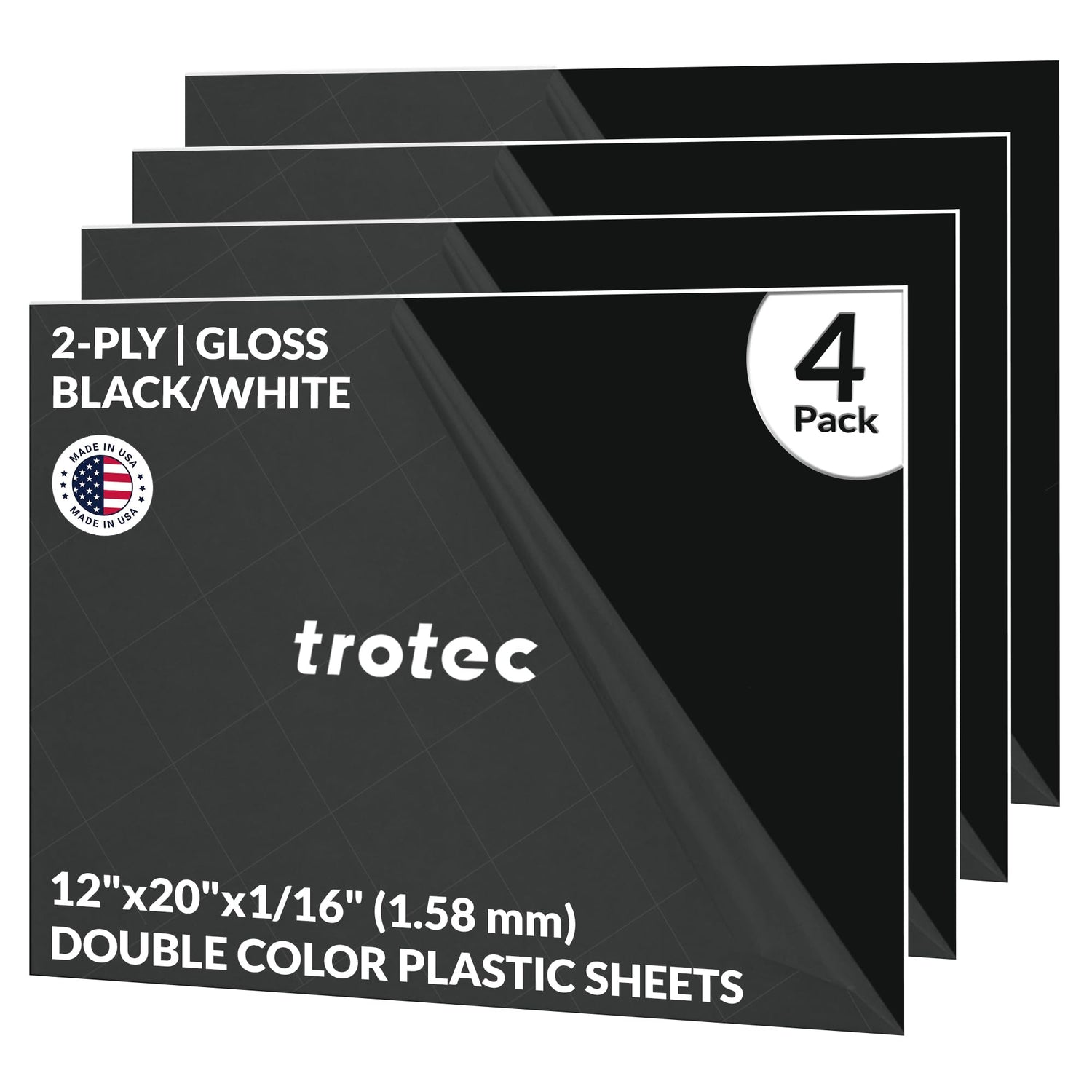 Trotec TroLase | 12"x20"x1/16", 4 Pcs | Gloss Black/White | 2 Ply | Modified Acrylic | Laser Engraving Double Color Plastic Sheet | Engraving Blanks TROTEC