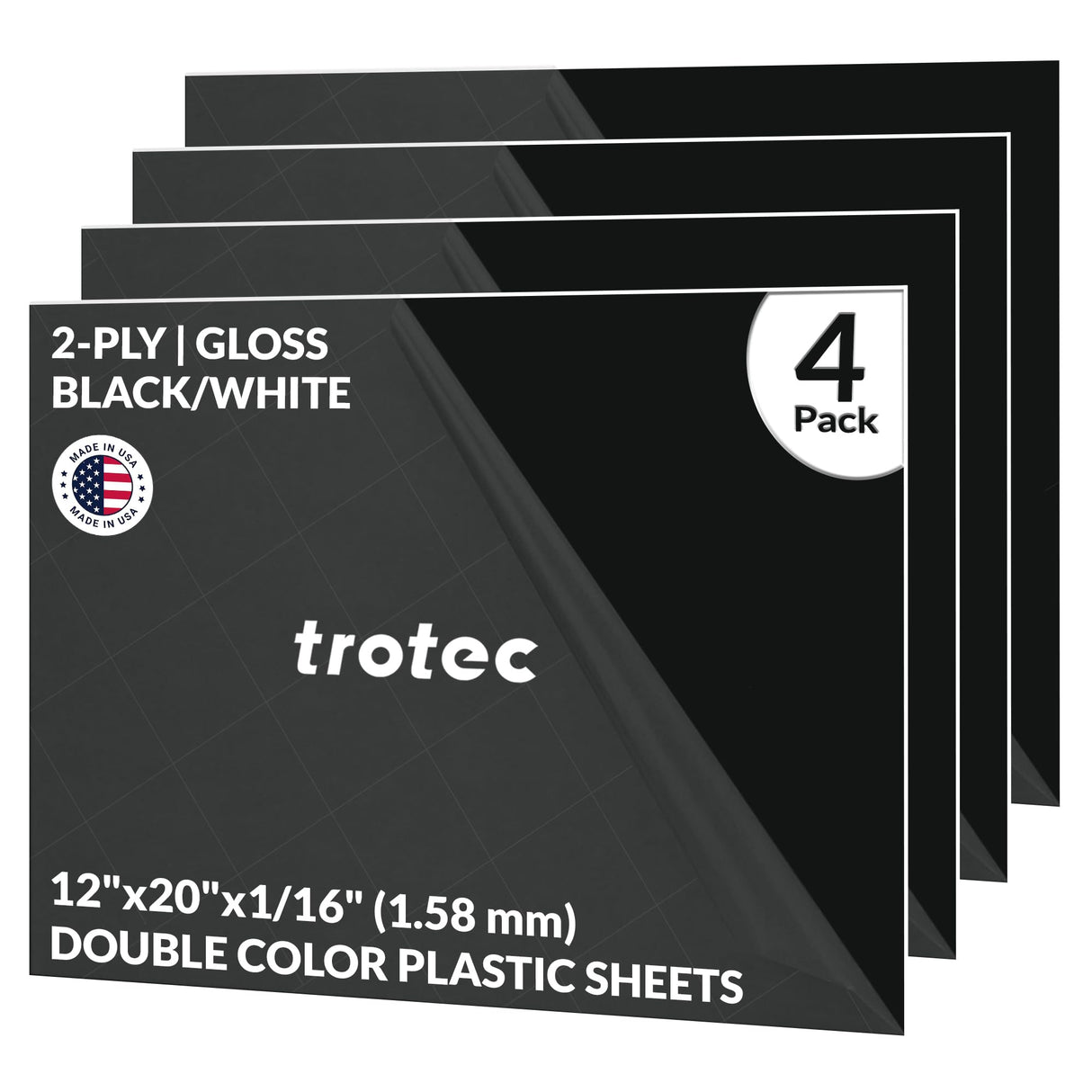 Trotec TroLase | 12"x20"x1/16", 4 Pcs | Gloss Black/White | 2 Ply | Modified Acrylic | Laser Engraving Double Color Plastic Sheet | Engraving Blanks TROTEC