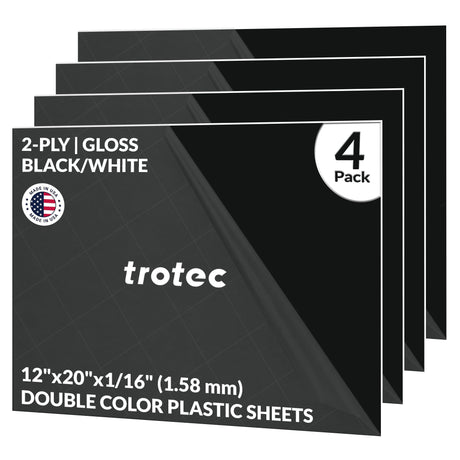 Trotec TroLase | 12"x20"x1/16", 4 Pcs | Gloss Black/White | 2 Ply | Modified Acrylic | Laser Engraving Double Color Plastic Sheet | Engraving Blanks TROTEC