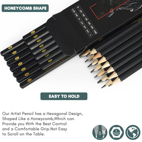 Drawing Pencils Set of 14 (B - 12B) Sketching Pencils for Drawing, Shading & Doodling | Professional Sketch Pencils Graphite Grades for Artists & Luwans