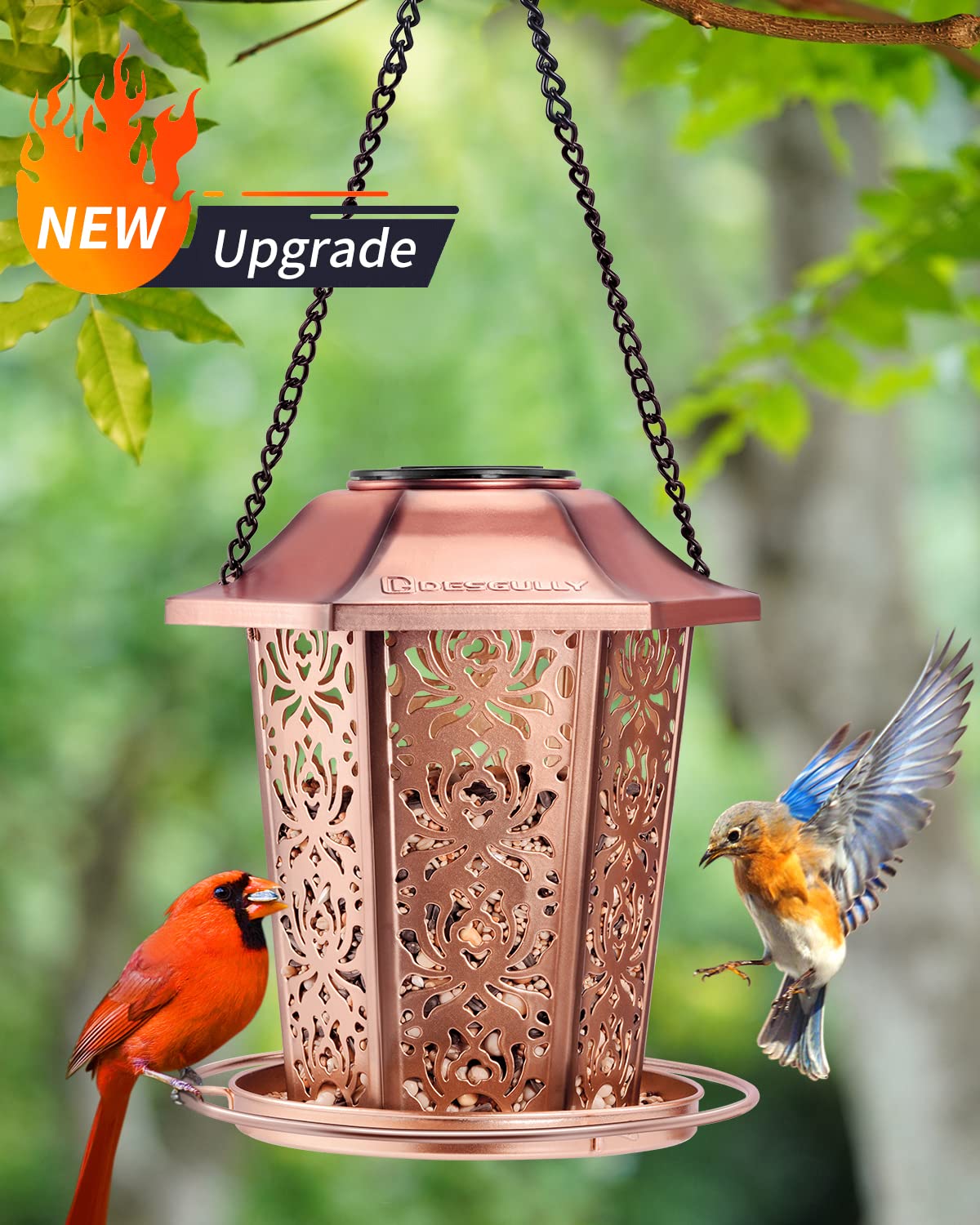 Solar Bird Feeders for Outdoors Hanging - Premium Grade Metal Bird Feeder, Chew-Proof, Weather and Water Resistant Wild Bird feeders, Outside and DesGully