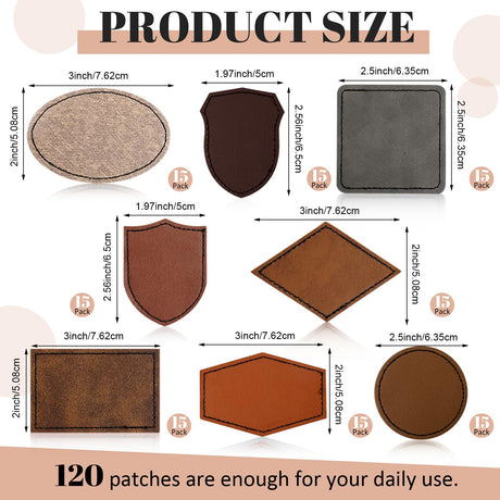 Giegxin 120 Pieces Rustic Leatherette Hat Patches with 8 Types of Shape Laser Engraving Blanks Patch Adhesive for Fabric Faux Leather Patch Repair Giegxin