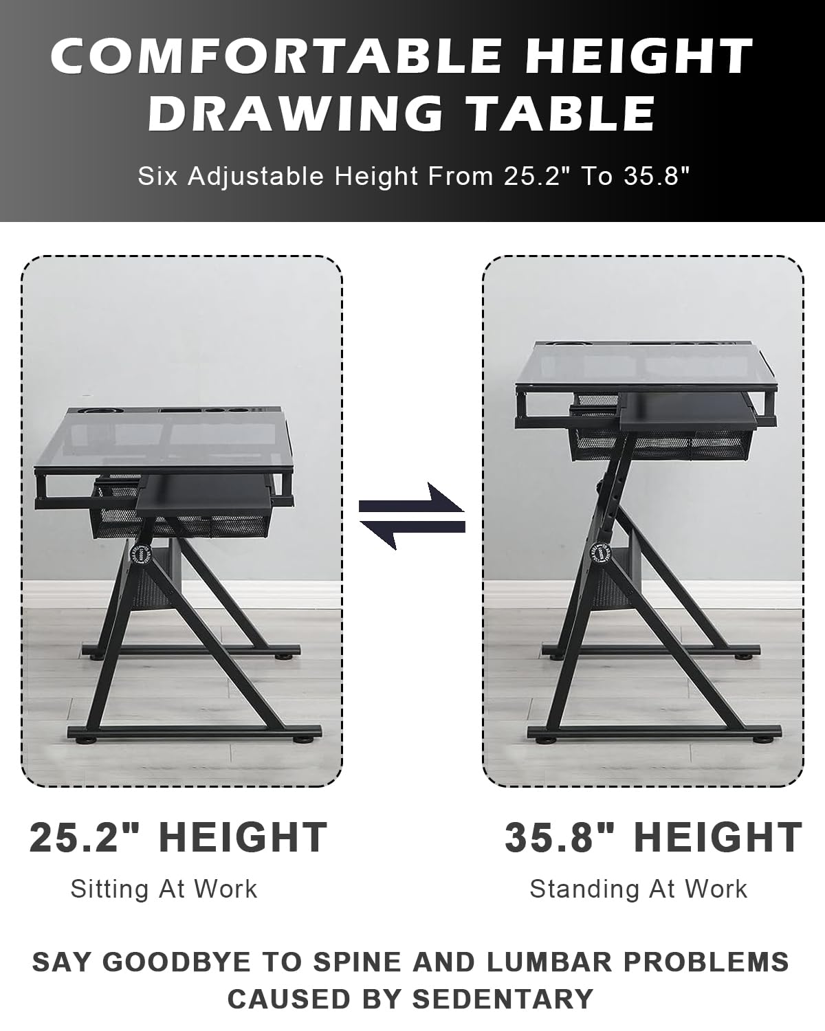 Drafting Table Adjustable Art Desk - LifeSky Artist Drawing Table Glass Top with Stool Black