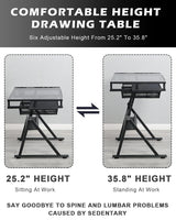 Drafting Table Adjustable Art Desk - LifeSky Artist Drawing Table Glass Top with Stool Black LIFE SKY