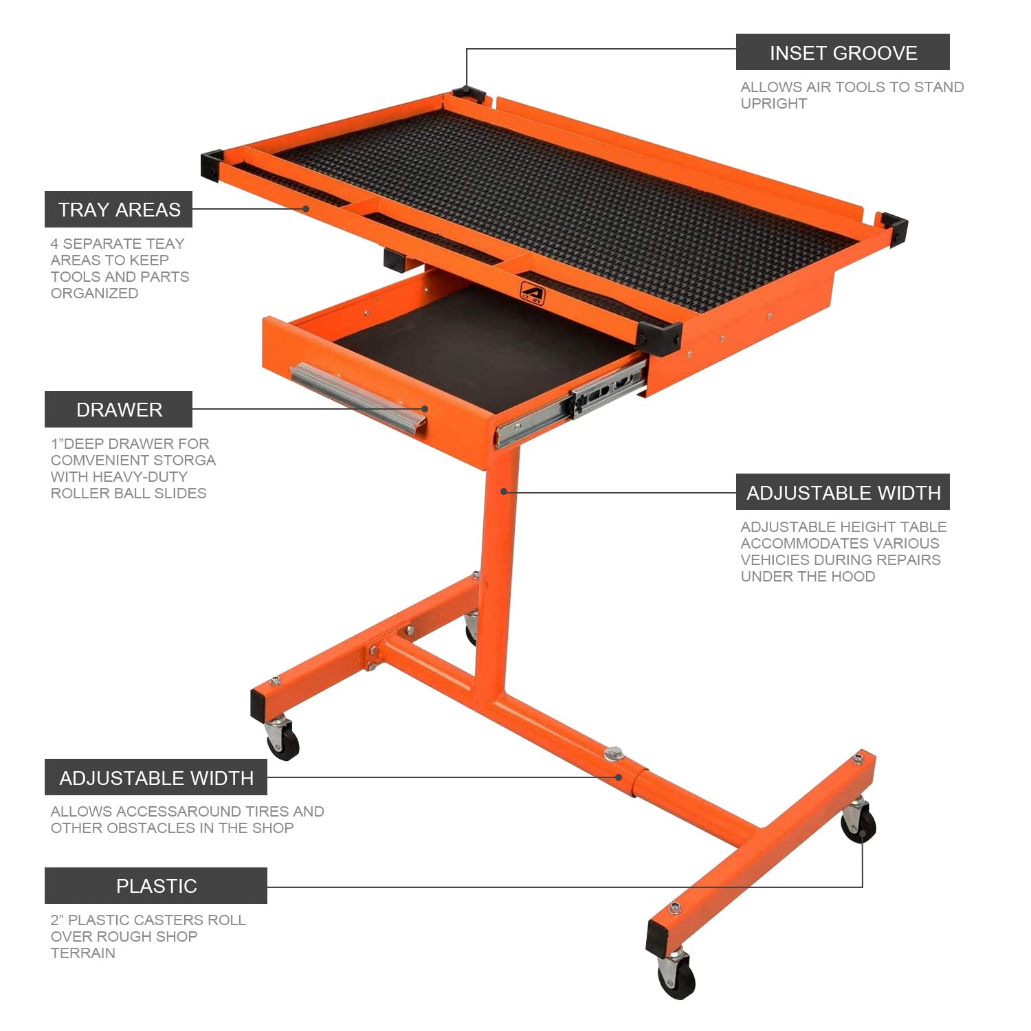 Aain LT18 Heavy Duty Adjustable Work Table with Drawer for Mechanic,220lbs Capacity Rolling Tool Tray Table with Wheels Orange - WoodArtSupply