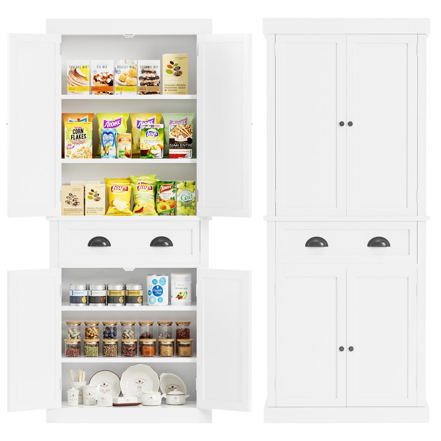 JUMMICO 72" Kitchen Pantry Storage Cabinet, Freestanding Pantry Cupboard with 4 Doors and 4 Adjustable Shelves for Kitchen, Dining Room, Living Room, - WoodArtSupply