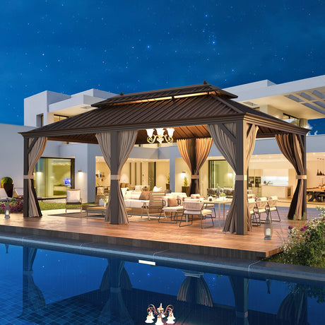 EROMMY 12'x 20' Gazebo Galvanized Steel Outdoor Hardtop Canopy Double Vented Roof Pergolas Aluminum Frame with Netting and Curtains for EROMMY