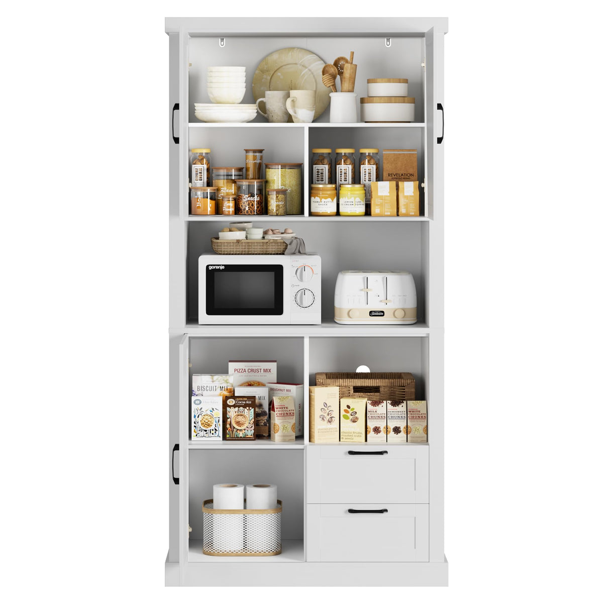 HOSTACK 76" Tall Farmhouse Kitchen Pantry Cabinet, Kitchen Hutch Bar Cabinet with Drawers & Shelves, Large Wood Storage Cabinet with Barn Doors & HOSTACK