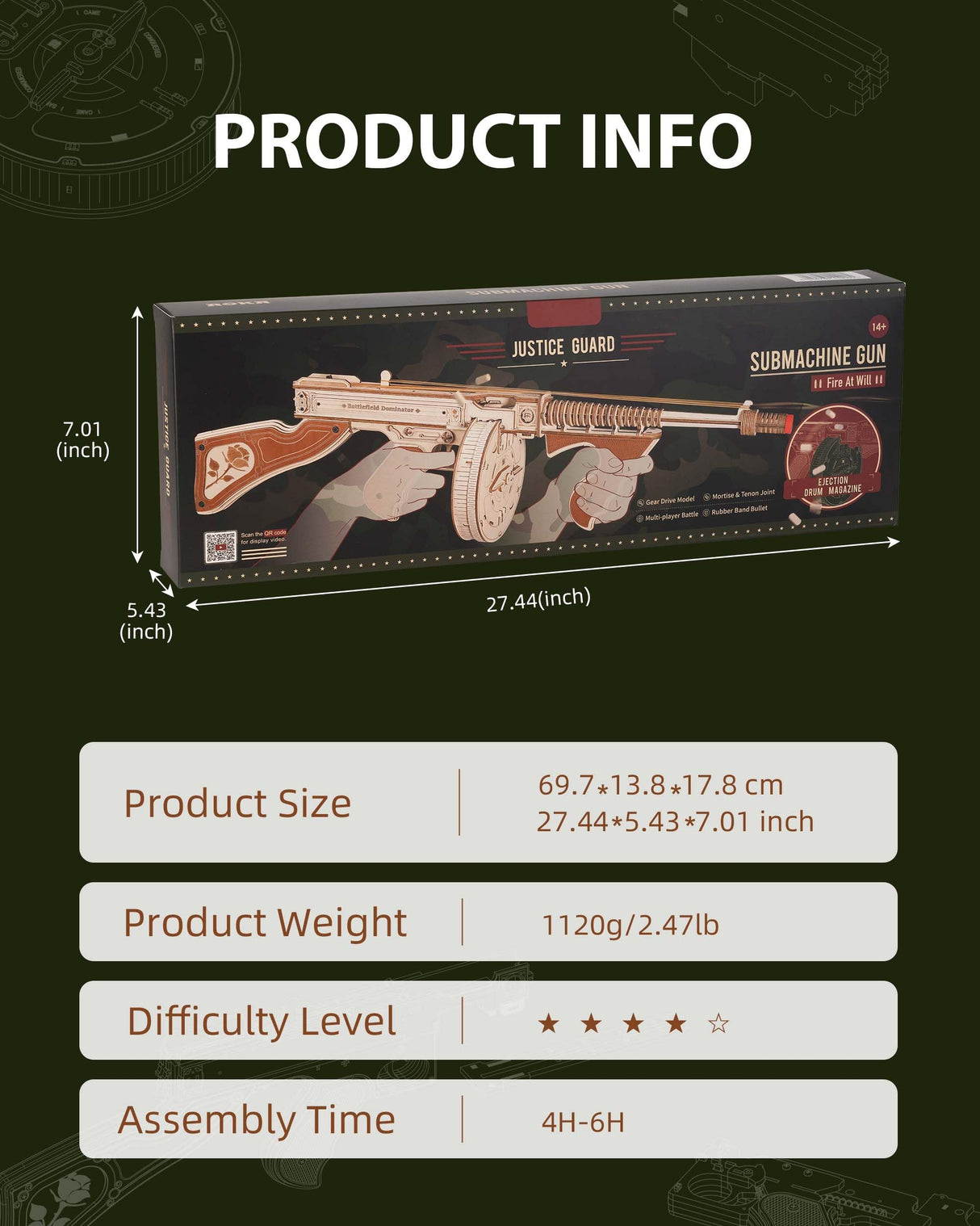 RoWood Tommy Rubber Band Gun 3D Wooden Puzzle Model Kit for Adults and Teens rowood