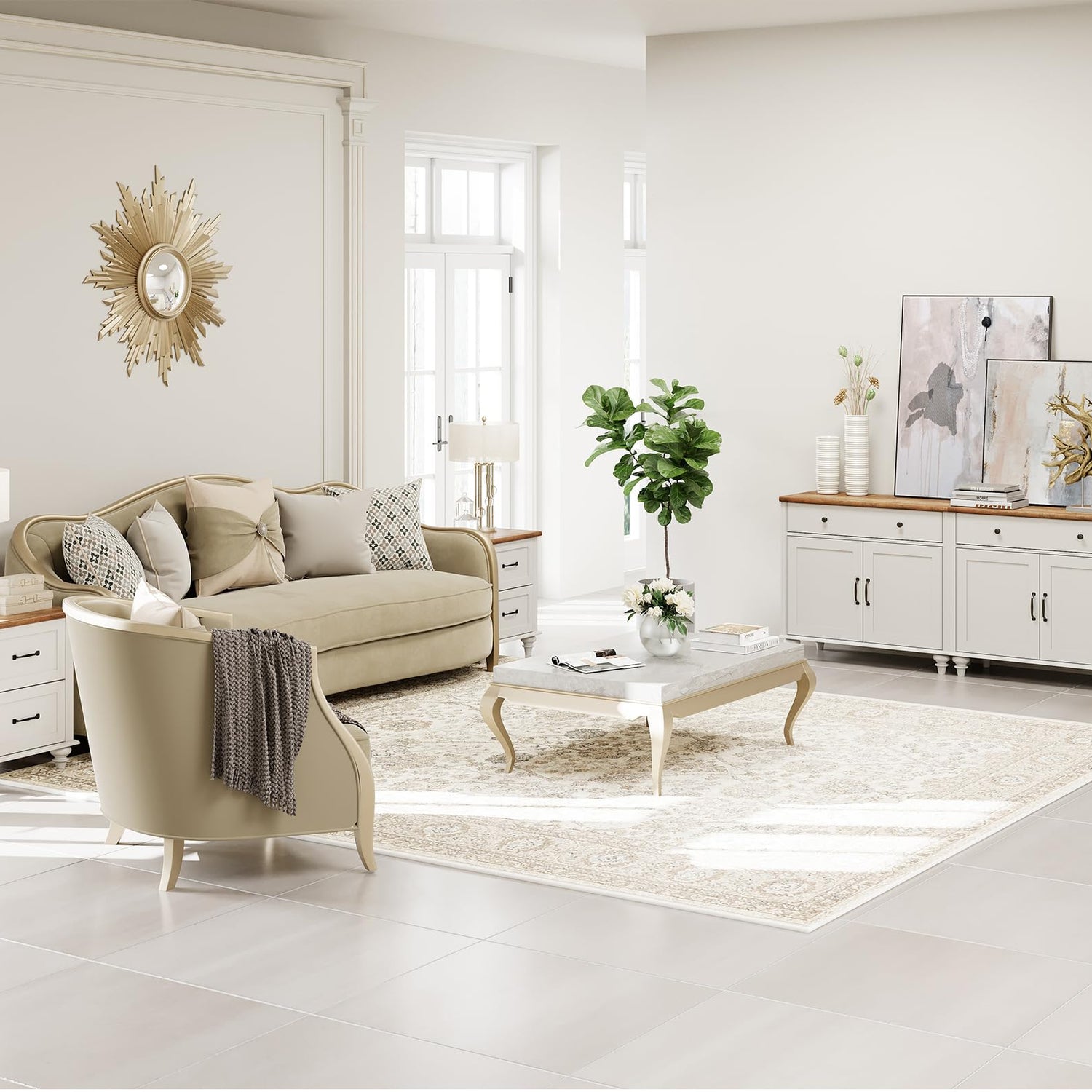 WAMAPT Buffet Cabinet with 4 Doors and 2 Drawers, Large Coffee Bar Tables Wood Kitchen Storage Cabinets with Storage Cabinets, Modern Farmhouse WAMPAT