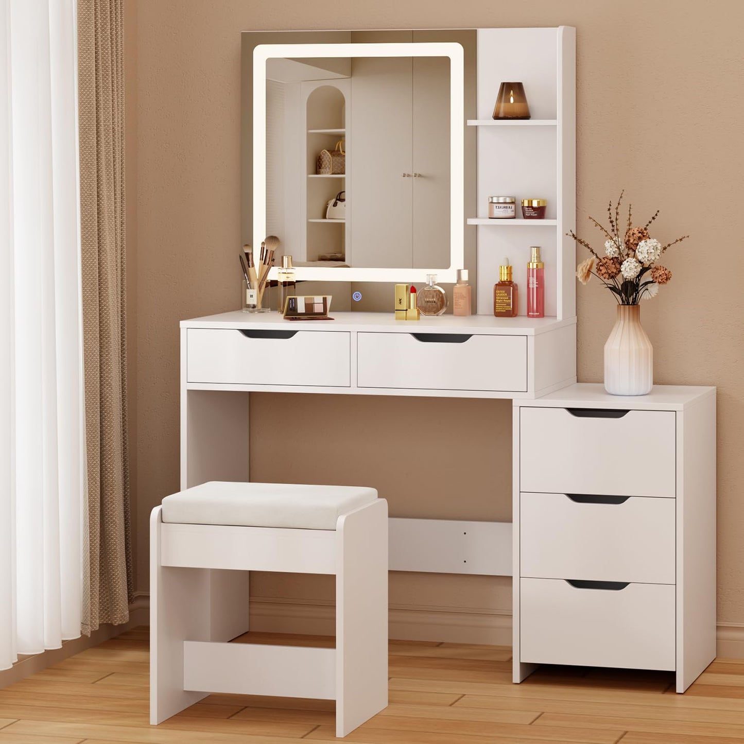 Aiho Makeup Vanity Desk with Mirror and Lights, 43.5" Vanity Table with 5 Drawers & Storage Shelves, 3 LED Light Modes & Adjustable Brightness,