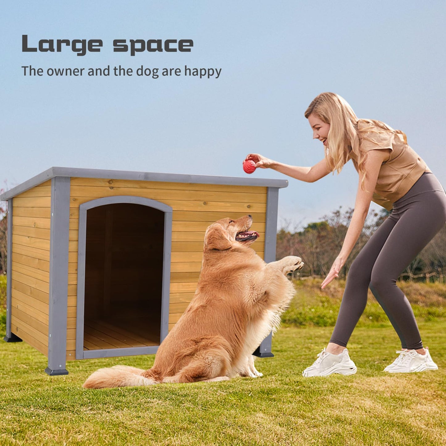 LIYAHUIA 44.48" Extra Large Dog House Outdoor Indoor Wooden Dog Kennel for Winter with Raised Feet Weatherproof for Large Dog House Outside(Natural) - WoodArtSupply