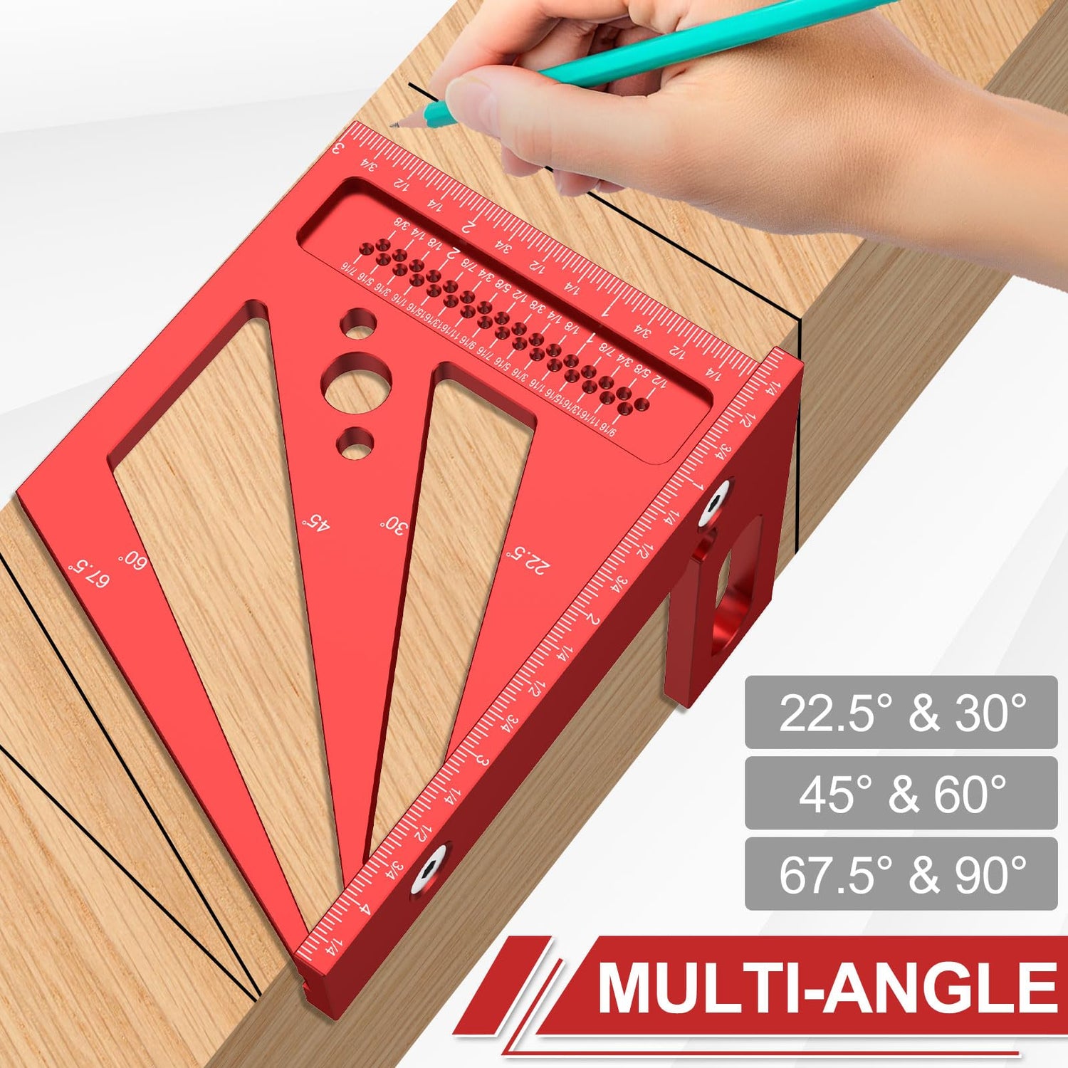 3D Multi-Angle Measuring Ruler, Aluminum Alloy Imperial Woodworking Square Ruler, Precise 22.5°- 90° Drawing Liner Scriber, with Wrench, for Janoiuc