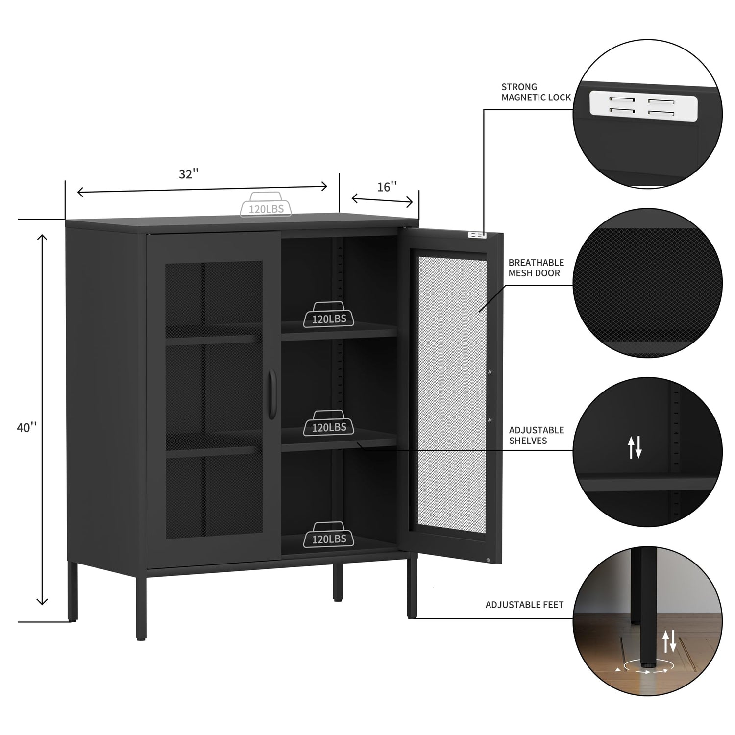 COFaR Black Metal Cabinet,Metal Locker Storage Cabinet with Mesh Doors and Shelves,3-Tier Office Cabinet,Metal Storage Cabinet,Liquor COFaR