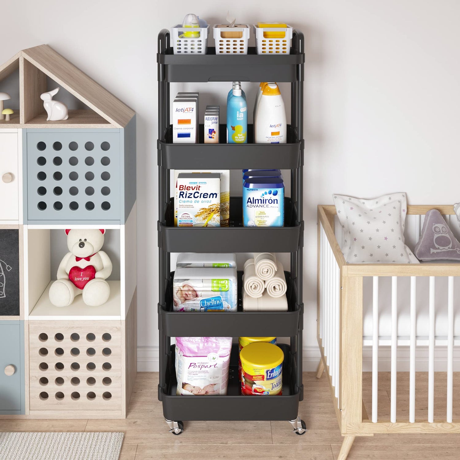 Calmootey 5-Tier Rolling Utility Cart with Drawer,Multifunctional Storage Organizer with Plastic Shelf & Metal Wheels,Storage Cart for Calmootey