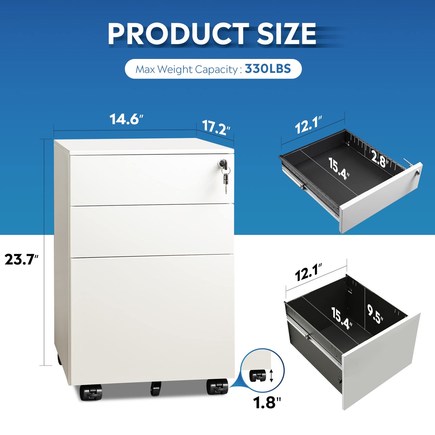 DEVAISE Locking File Cabinet, 3 Drawer Rolling Pedestal Under Desk Office, Fully Assembled Except Casters, White - WoodArtSupply