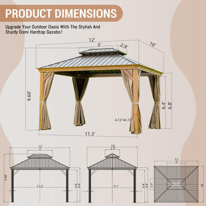 10' x 12' Hardtop Gazebo Outdoor Aluminum Wood Grain Gazebos with Galvanized Steel Double Canopy for Patios Deck Backyard,Curtains&Netting by domi