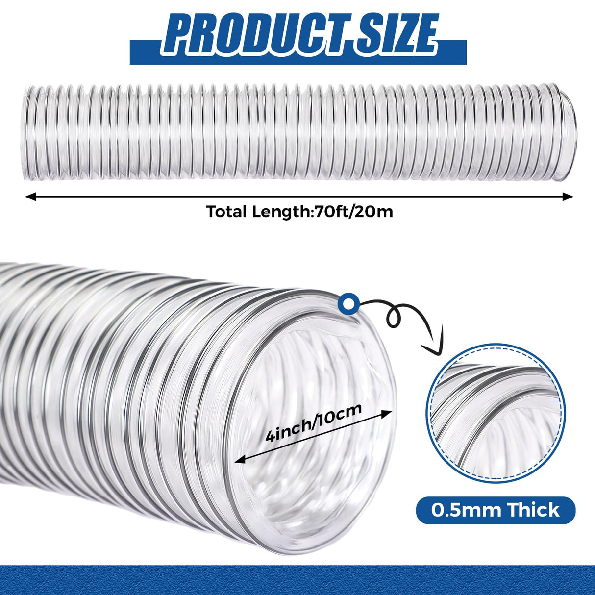 Therwen Clear PVC Dust Collection Hose, Heavy Duty Dust Debris and Fume Collection Hose, Flexible Clear Vacuum Hoses (4" x 70 ft) Therwen