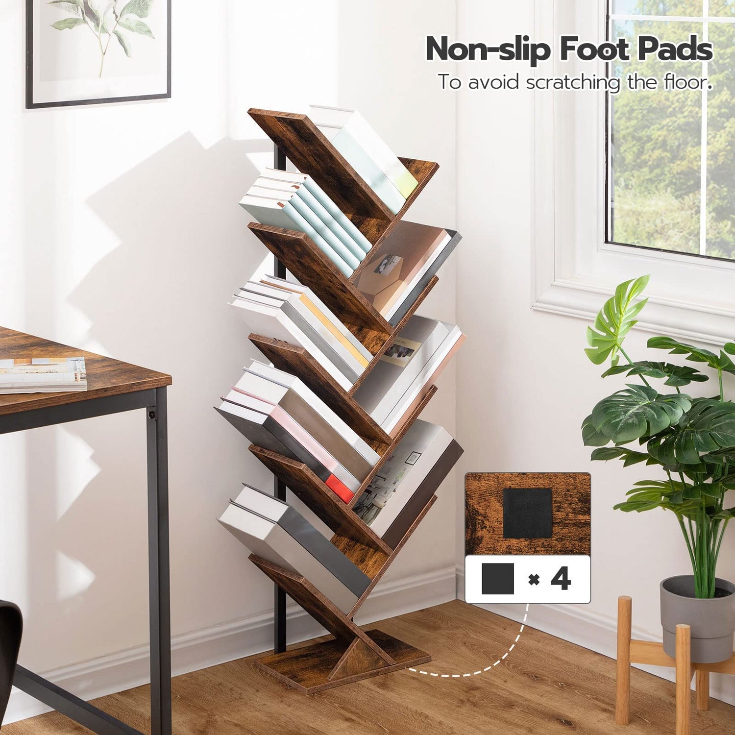 HOOBRO Rustic Brown 9-Tier Tree Bookshelf - Stylish Wooden Storage Rack for Books and CDs HOOBRO