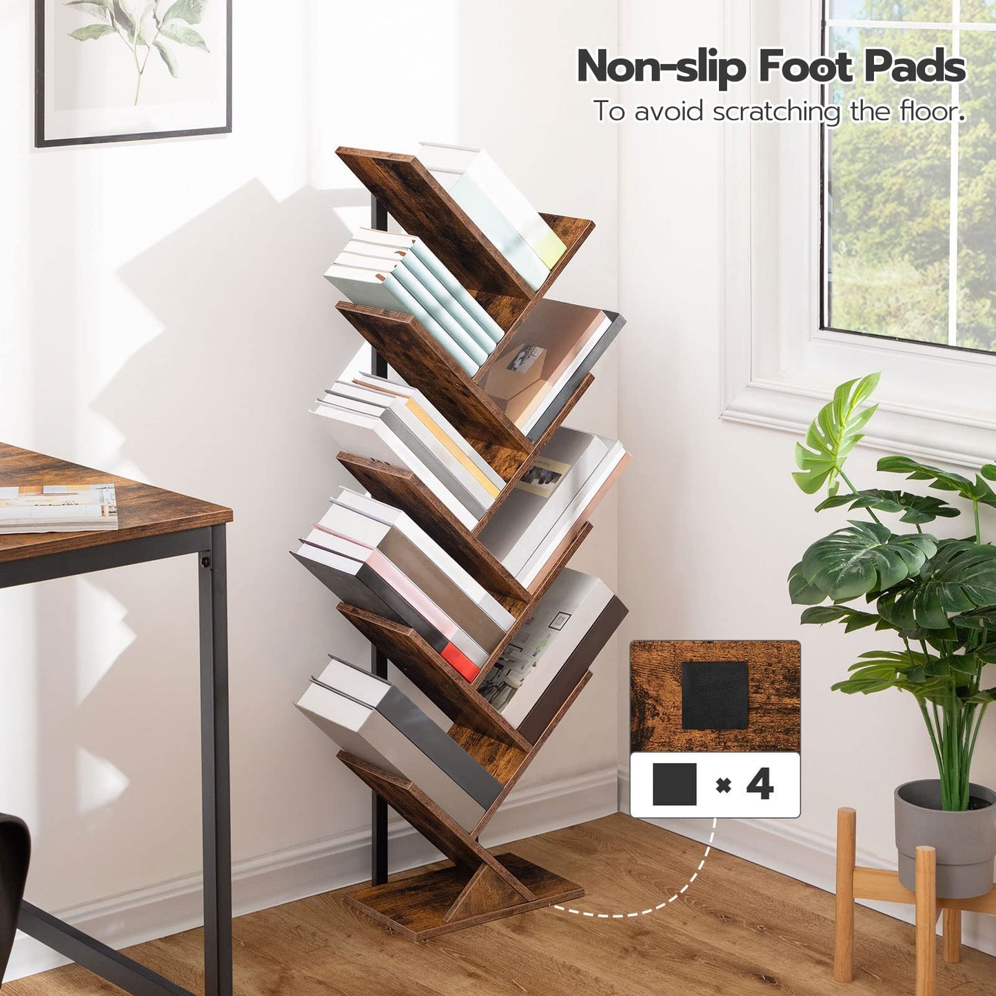 HOOBRO Tree Bookshelf, 9-Tier Bookcase Wooden Shelves, Floor Standing Storage Rack, for Display of CDs, Books in Living Room, Home Office, Wood