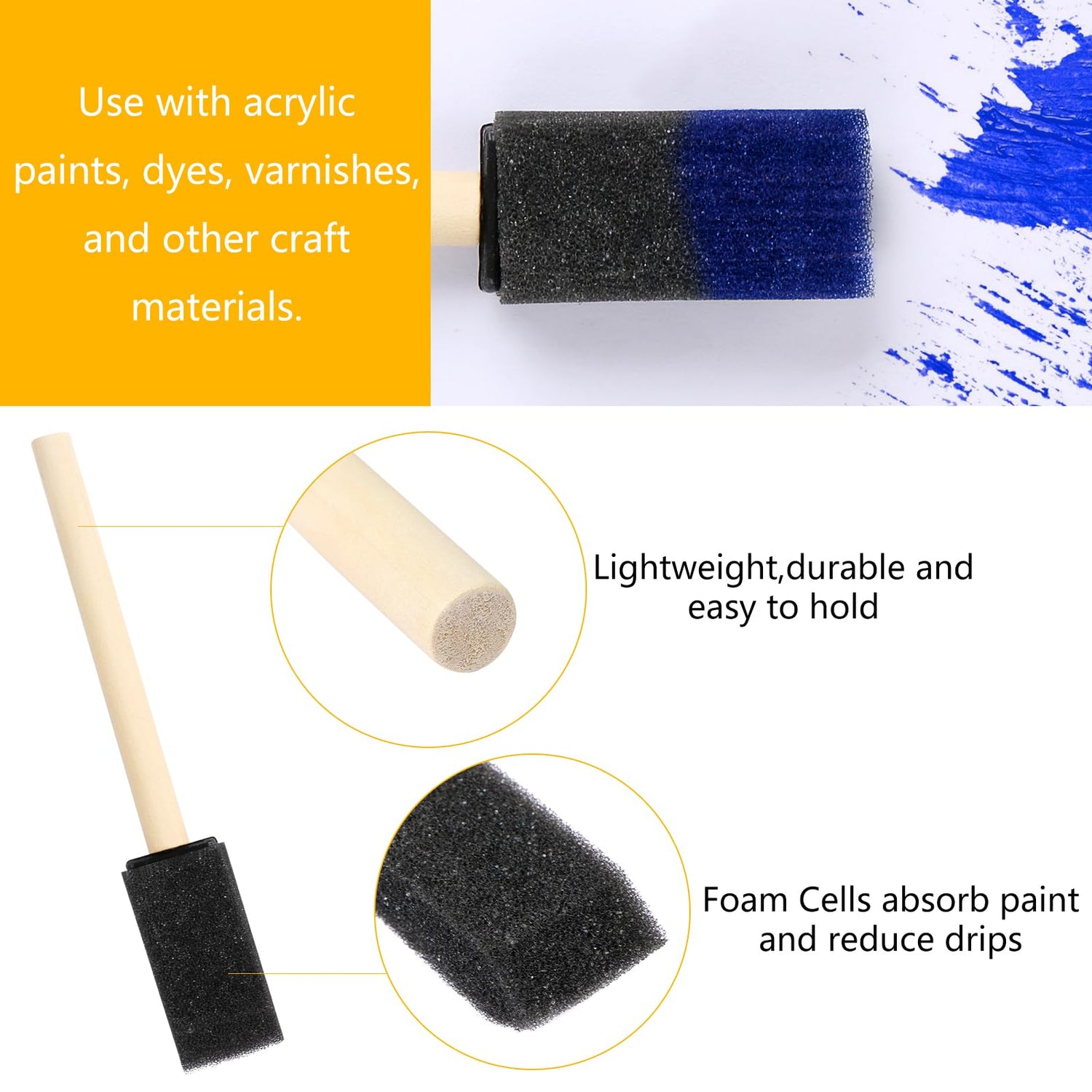 MIDELONG 1-inch Black Foam Paint Brushes Set, Wood Handle Sponge Brush Sponge Paint Brushes Durable Foam Brushes for Painting, Acrylics, Stains, MIDELONG
