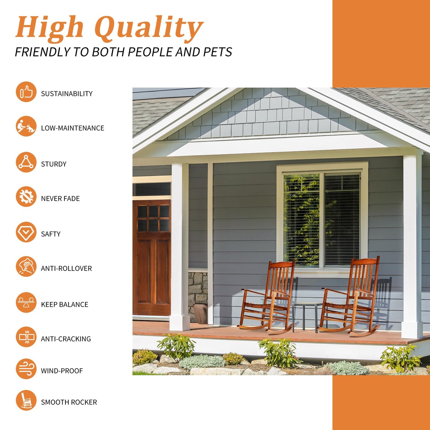 Outvita Outdoor Rocking Chair, Solid Wood High Back Rocker, All Weather Lounge Chair for Porch Patio Fire Pit Garden Backyard Deck Indoor, Wave Outvita