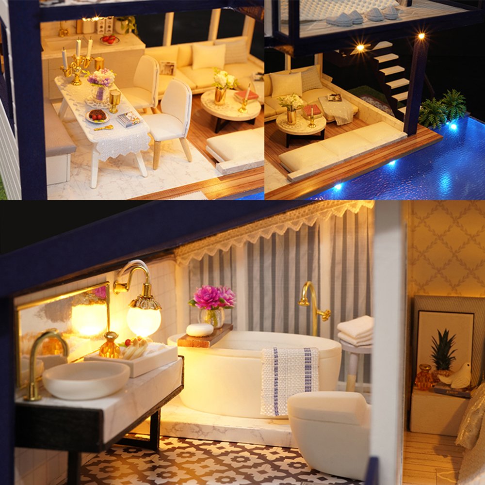 DIY Miniature Dollhouse Kit,UniHobby Time Apartment DIY Dollhouse Kit with Wooden Furniture Light Gift House Toy for Adults UniHobby